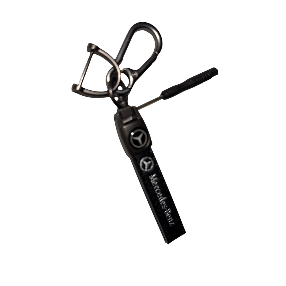 Mercedes Benz Black Leather Keychain Gunmetal Carabiner Key Fob Holder Tool